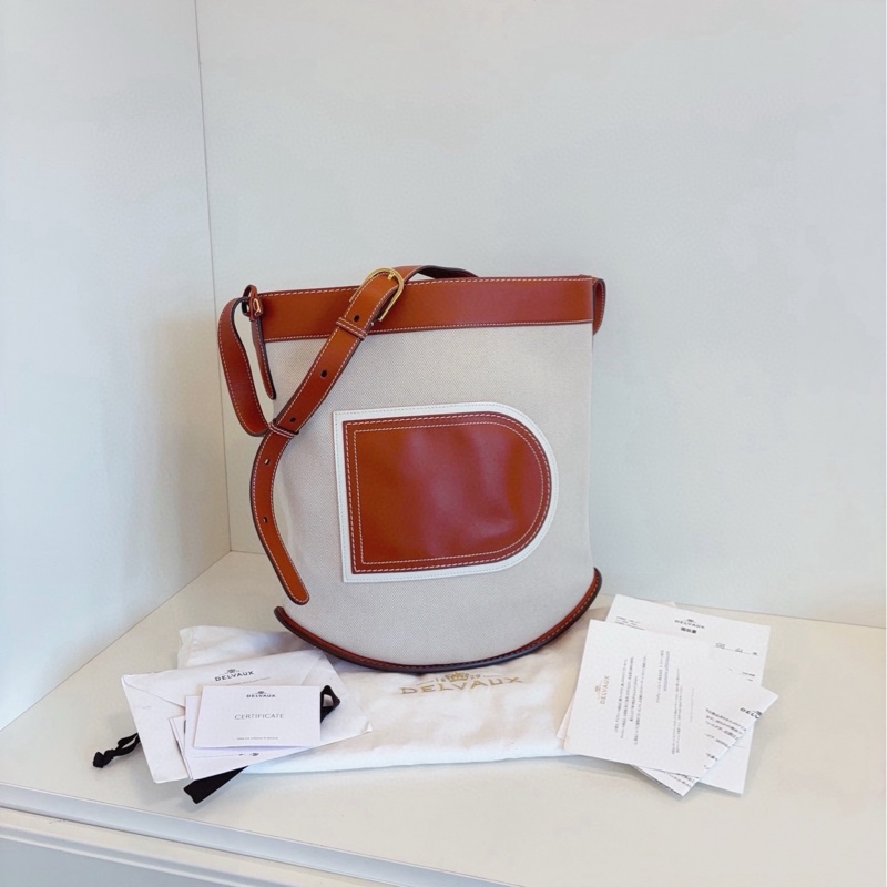 【98新以上🆕】Delvaux  Pin系列 焦糖拼米白帆布菜籃子水桶包 大號-0