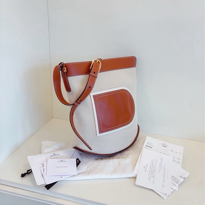 【98新以上🆕】Delvaux  Pin系列 焦糖拼米白帆布菜籃子水桶包 大號-2