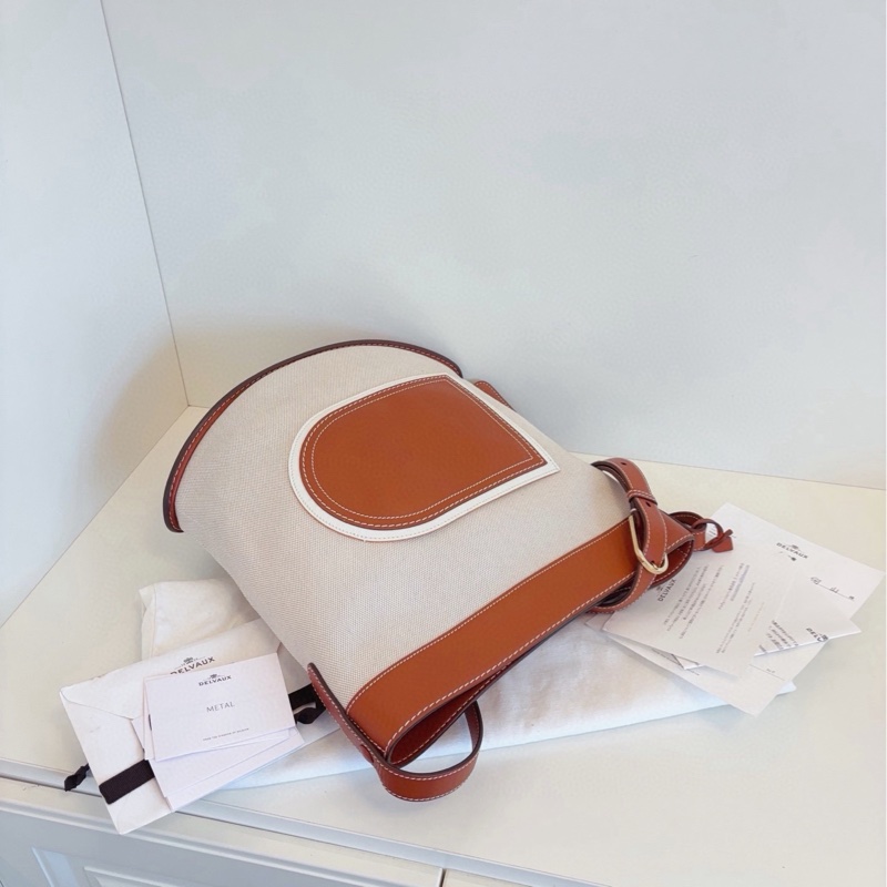 【98新以上🆕】Delvaux  Pin系列 焦糖拼米白帆布菜籃子水桶包 大號-3