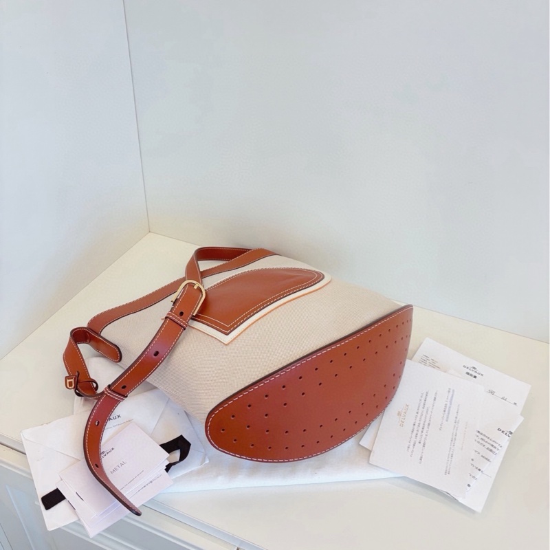 【98新以上🆕】Delvaux  Pin系列 焦糖拼米白帆布菜籃子水桶包 大號-5