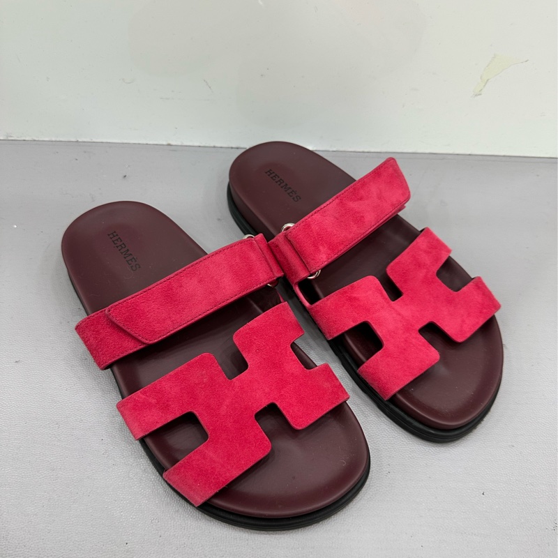 ERMES愛馬仕 Chypre 二舅鞋魔鬼氈 麂皮材質 露趾套穿一字拖鞋 女款 35碼-0