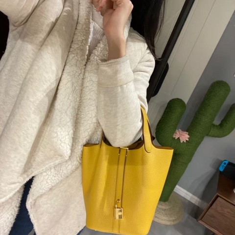 Hermes picotin 18 9D琥珀黃菜籃子手提包18×18×13 98新配件塵袋鑰匙鎖頭