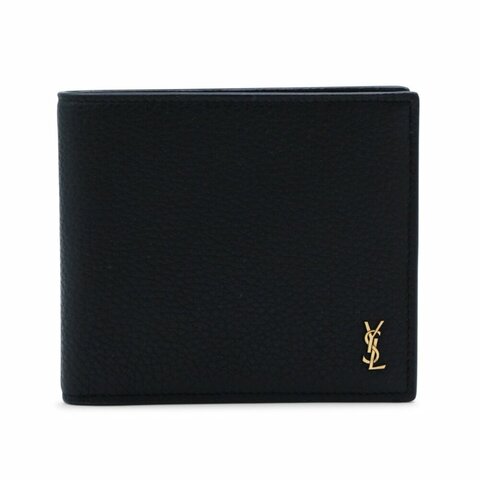 【YSL】SAINT LAURENT Tiny Cassandre East West Bifold 粒面皮革 卡夾 皮夾 短夾 黑色 金色 847954
