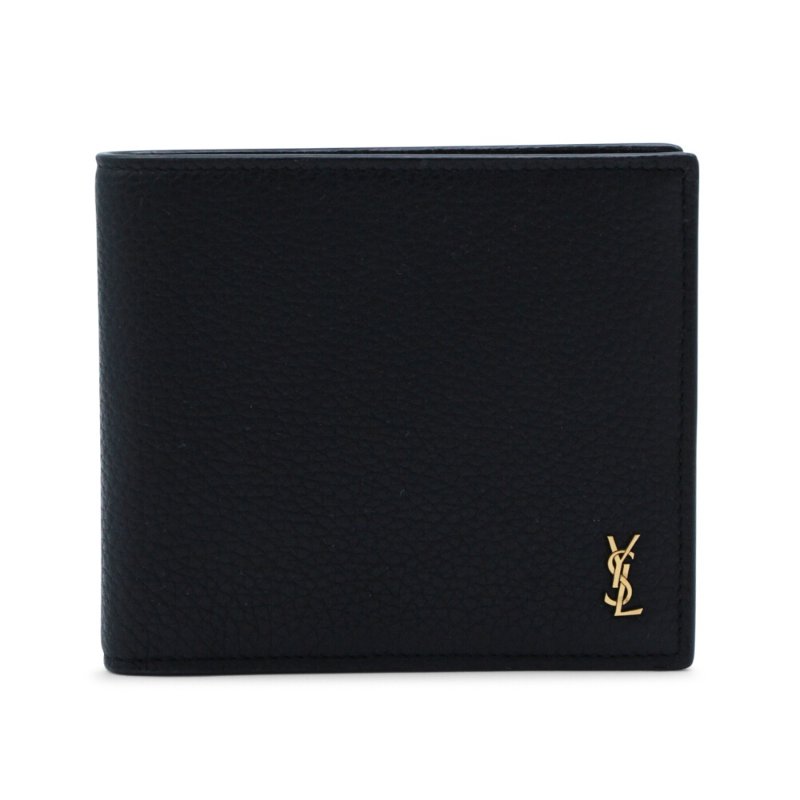 【YSL】SAINT LAURENT Tiny Cassandre East West Bifold 粒面皮革 卡夾 皮夾 短夾 黑色 金色 847954-3