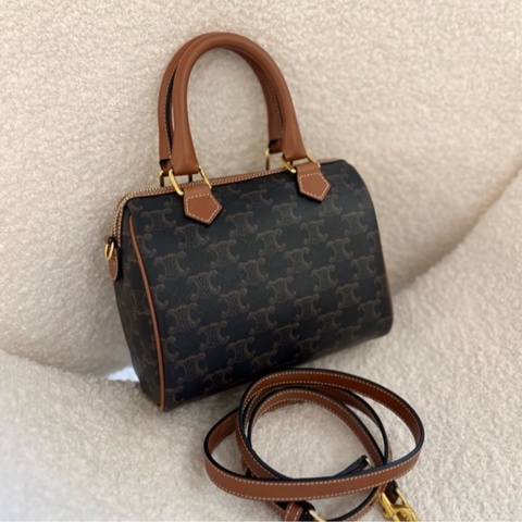 【全❤️】Celine Boston small Triomphe 經典凱旋門老 花滿印帆布拼牛皮革 波士頓包單肩斜挎手提包 小號 small 棕褐色 113772CAS.04LU