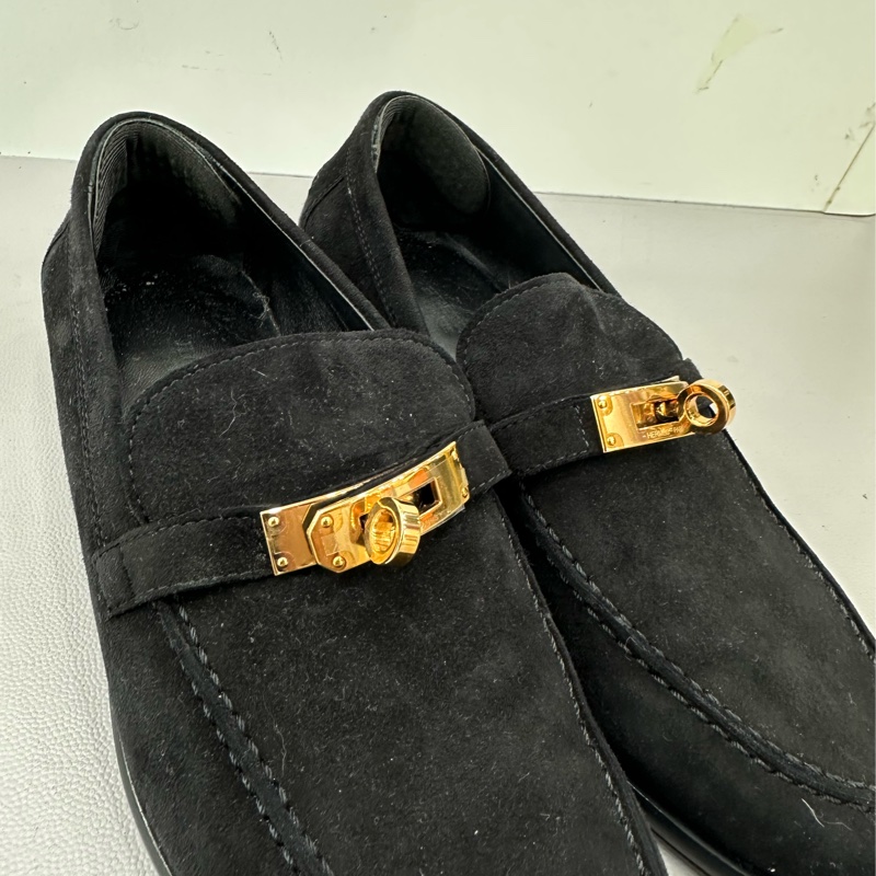 HERMES愛馬仕玫瑰金kelly扣樂福鞋 Destin 絨面皮革 時尚平底 休閒單鞋 35.5碼-3