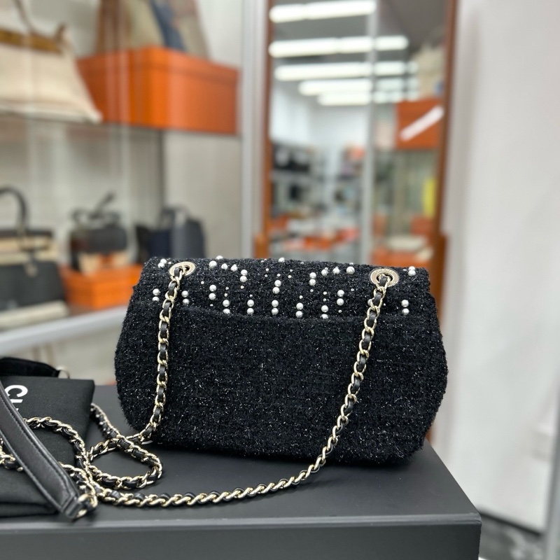 Chanel 黑色毛呢珍珠翻蓋CF大mini，尺寸約20*12，鐳射24開 附件塵袋、盒。-2