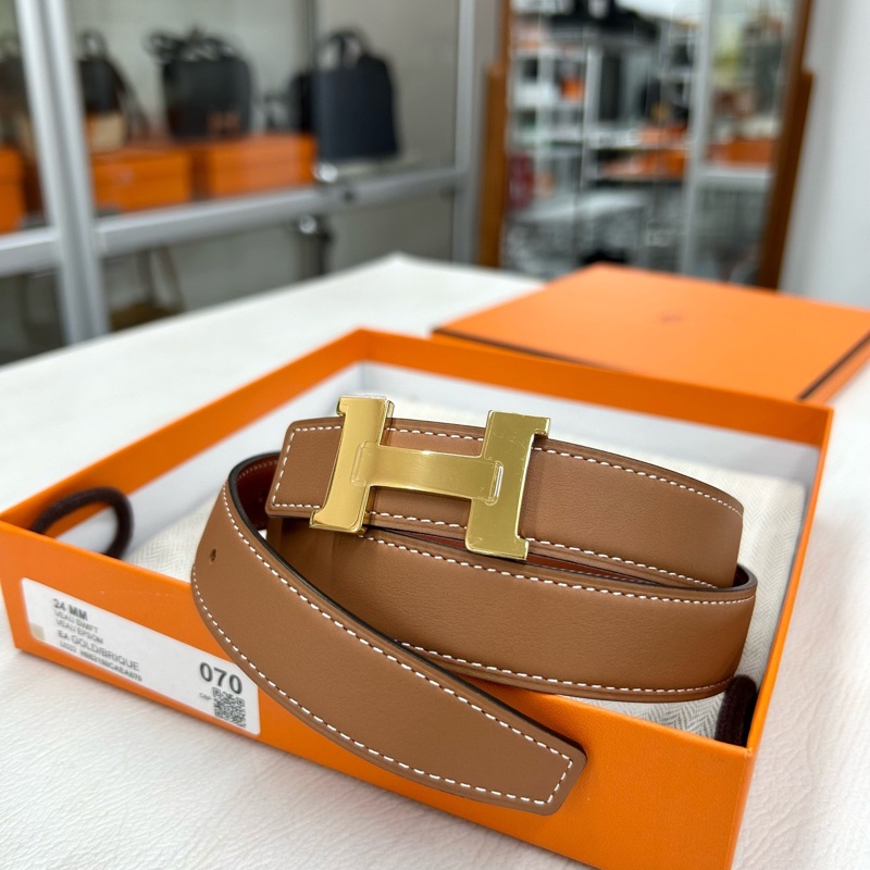 Hermes 金棕/紅棕 雙面H扣腰帶，Y刻，五金後貼保護膜，swift & epsom，70碼 約24mm附件塵袋、原盒。-0