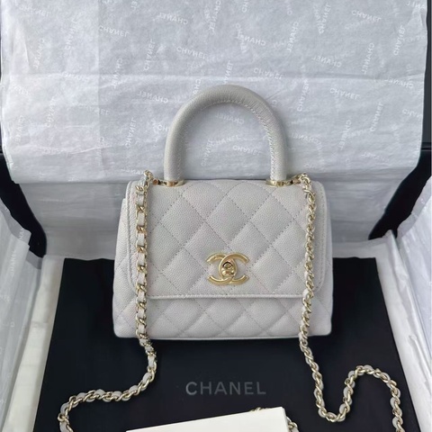 【配件：防塵袋 💕 】Chanel 25P coco handle nano 灰色 珍珠灰色 金扣 荔枝牛皮 手提 單肩 斜挎