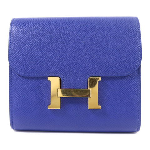 HERMES Epsom皮革Constance金扣錢包Bleu Electrique