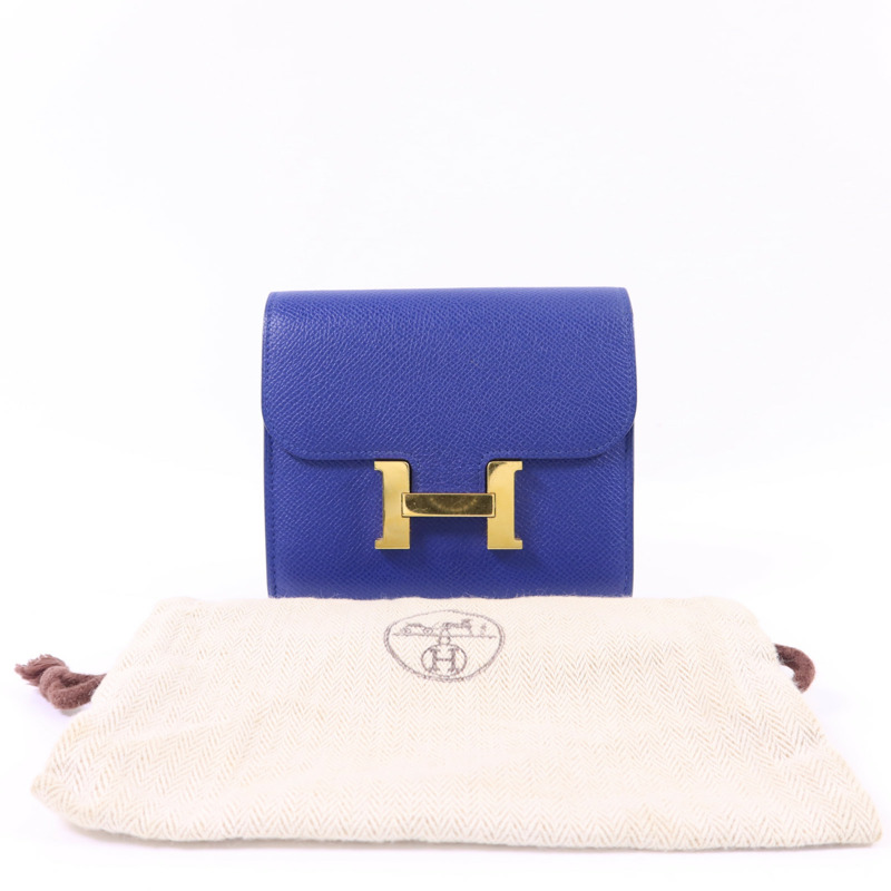 HERMES Epsom皮革Constance金扣錢包Bleu Electrique-16
