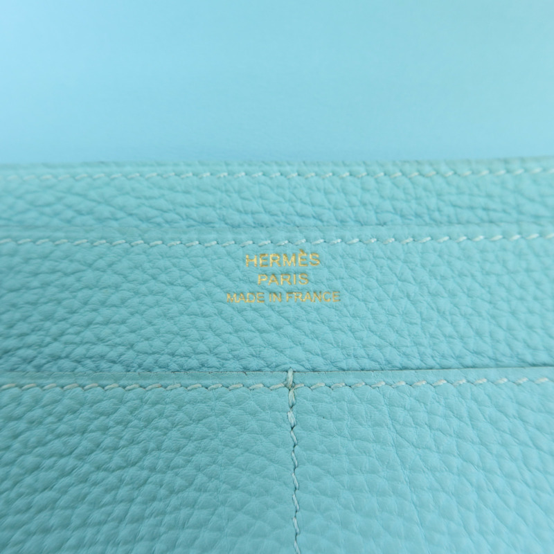 HERMES Clemence皮革Dogon GM金扣長錢包Bleu Atoll-5