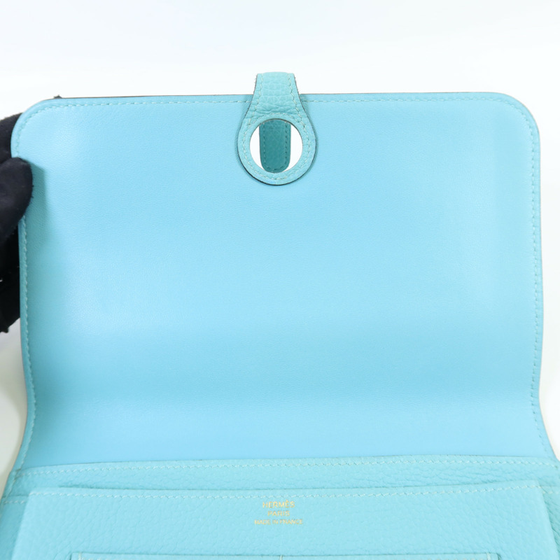 HERMES Clemence皮革Dogon GM金扣長錢包Bleu Atoll-16