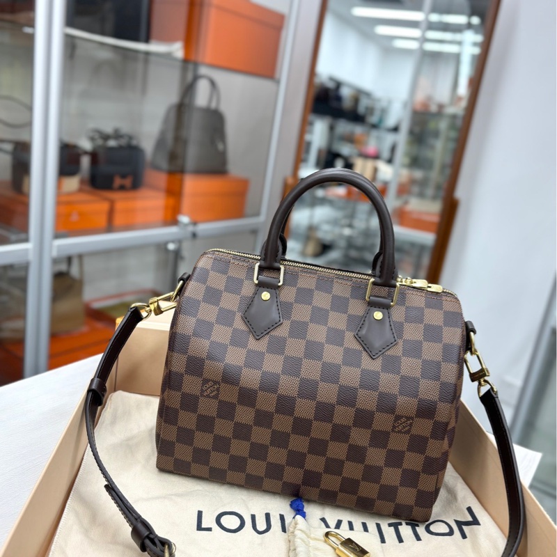 99新 LV 棕棋盤格 肩帶款speedy25 單肩手提包-0
