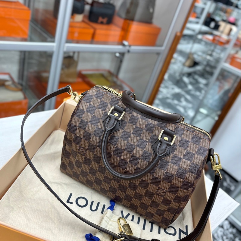 99新 LV 棕棋盤格 肩帶款speedy25 單肩手提包-4