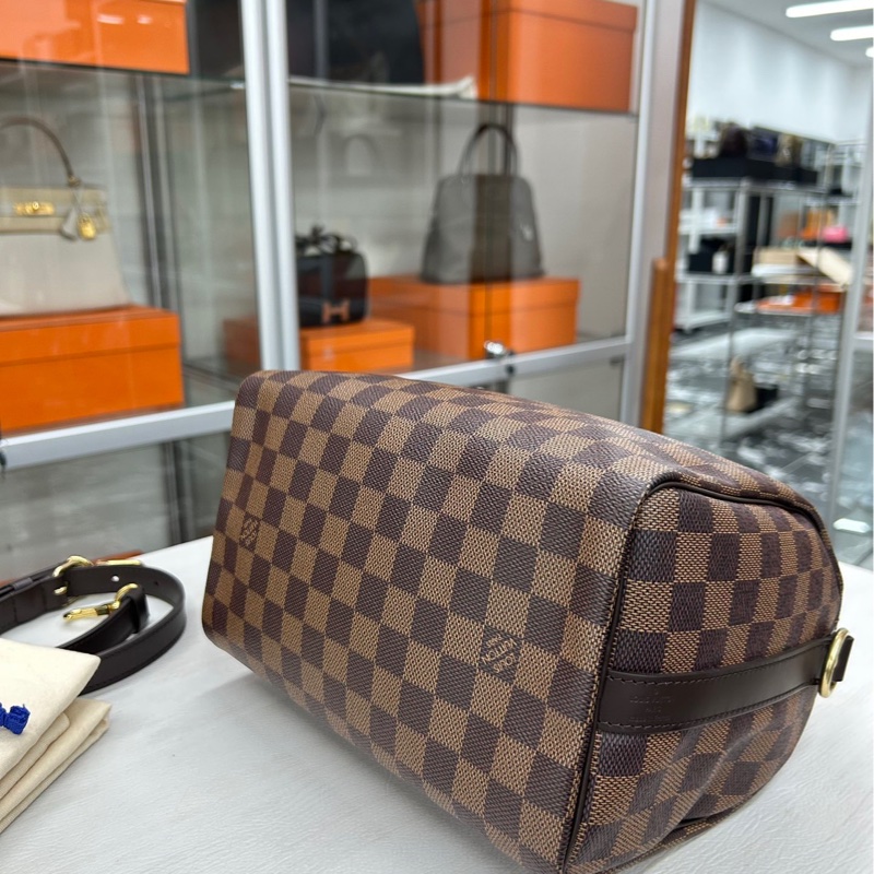 99新 LV 棕棋盤格 肩帶款speedy25 單肩手提包-6