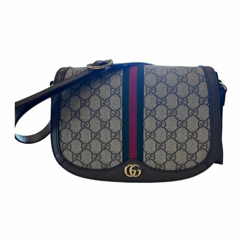 GUCCI卡其字紋PVC紅綠條紋馬鞍斜背包