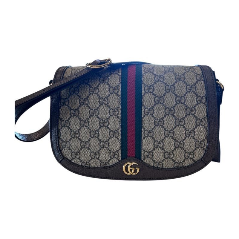 GUCCI卡其字紋PVC紅綠條紋馬鞍斜背包-0