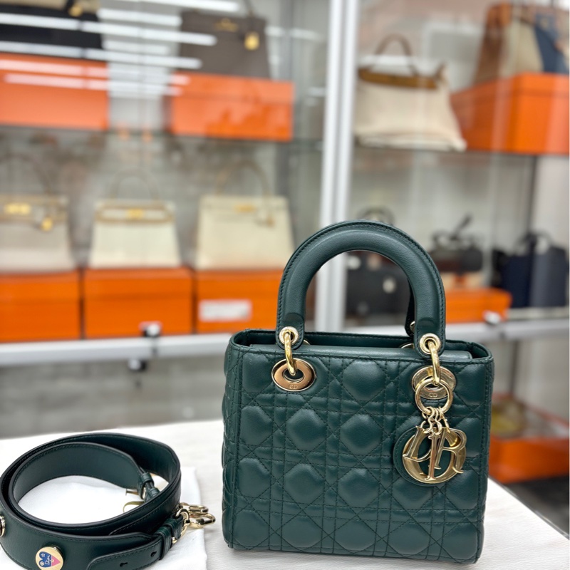 【長期閒置保存品】Dior 祖母綠 四格徽章戴妃 手提單肩包斜挎包-0