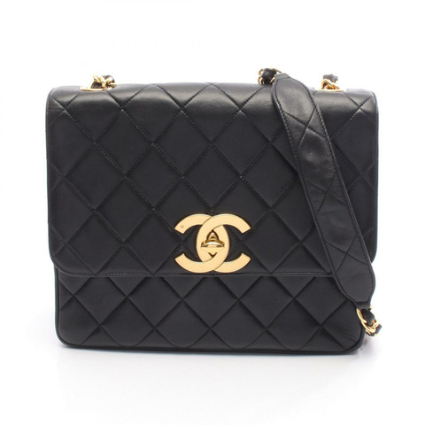 香奈兒 (CHANEL) 絎縫鏈條肩背斜背包，羊皮材質，黑色，金色五金，二手女款