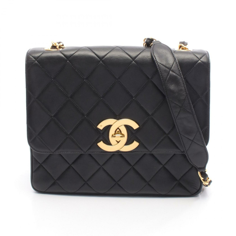 香奈兒 (CHANEL) 絎縫鏈條肩背斜背包，羊皮材質，黑色，金色五金，二手女款-0