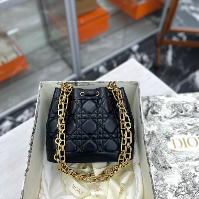 【98新以上】Dior 黑金稜格紋 抽繩水桶單肩斜挎包 小號 small-2