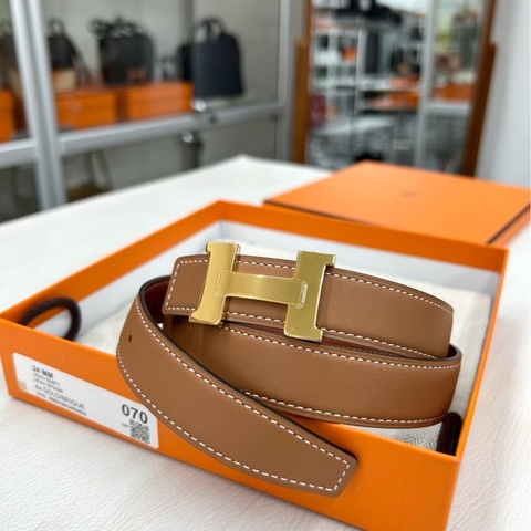 【99新】Hermes 金棕 紅棕 雙面H扣腰帶 Y刻