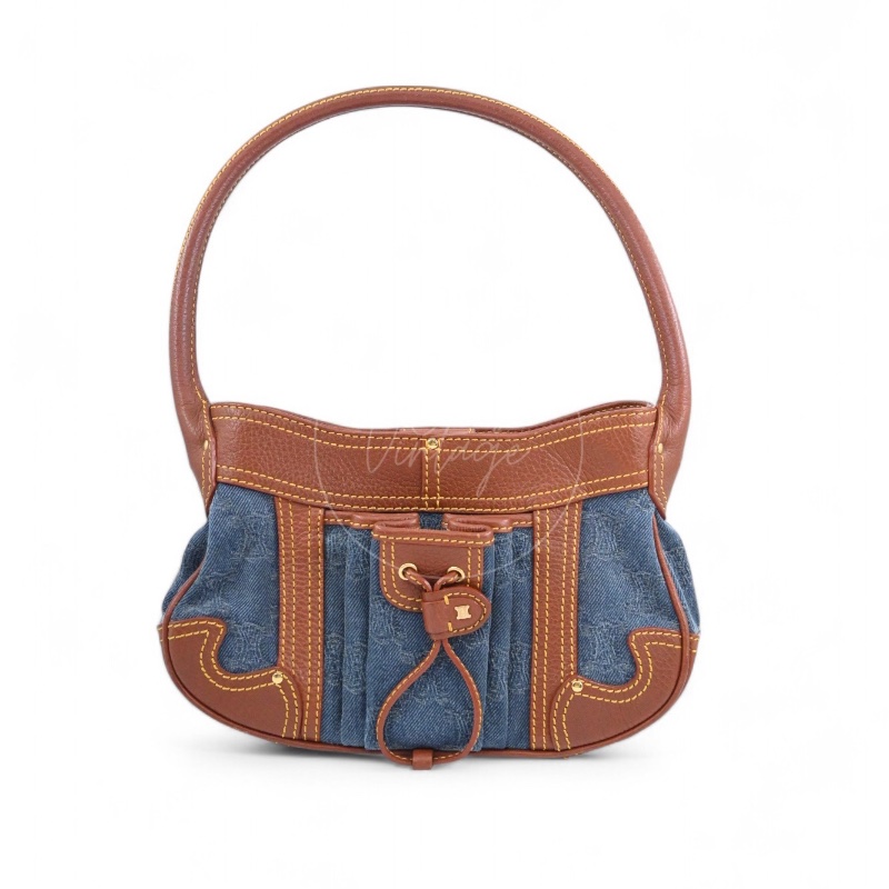 [Pre-owned] Celine Blason Triomphe Logo Denim Calfskin Shoulder Bag-0