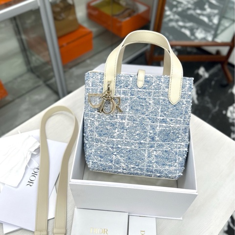 【99新】Dior 丹寧藍 毛呢拼皮 竪版 小號 small Toujours 手提包單肩包