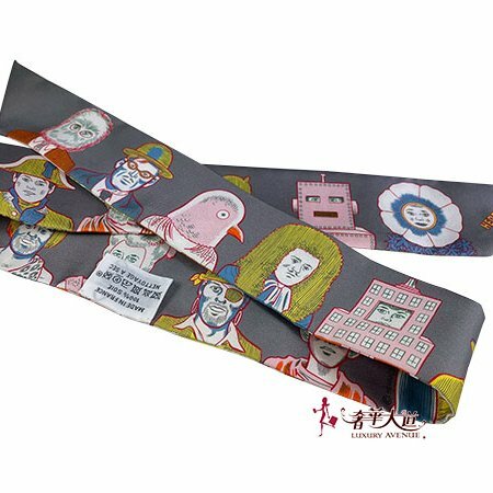 ＊奢華大道國際精品＊【H0387】HERMES灰色人物圖騰 Twilly絲巾