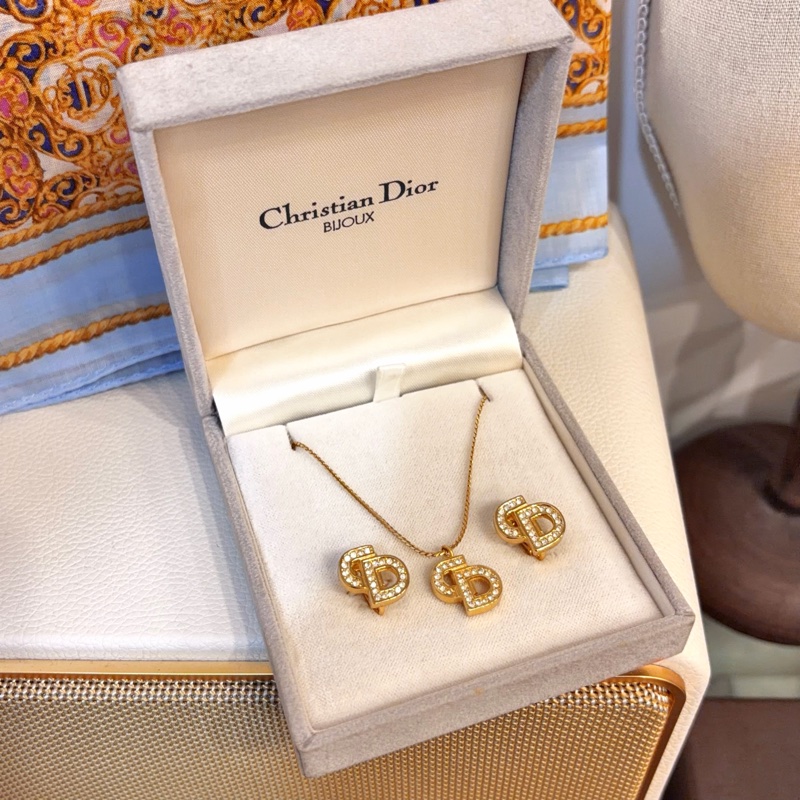 Dior經典CD水晶耳夾耳環頸鏈項鏈 極美品 日本中古vintage-5
