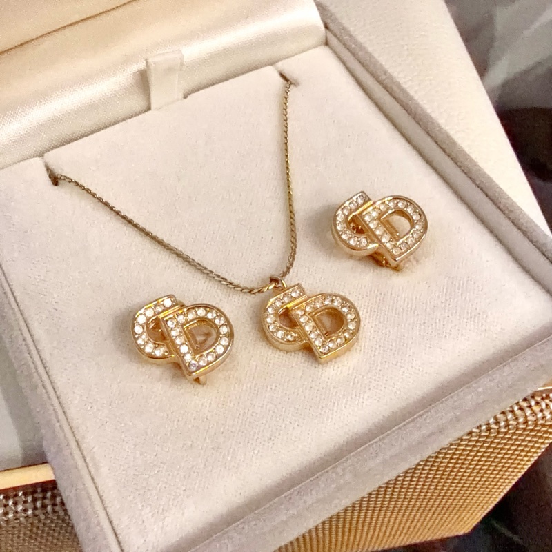 Dior經典CD水晶耳夾耳環頸鏈項鏈 極美品 日本中古vintage-6