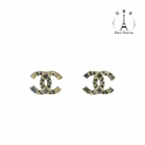 【巴黎站二手名牌專賣店】＊現貨＊CHANEL 香奈兒 真品＊淡金灰綠彩鑽雙C針式耳環