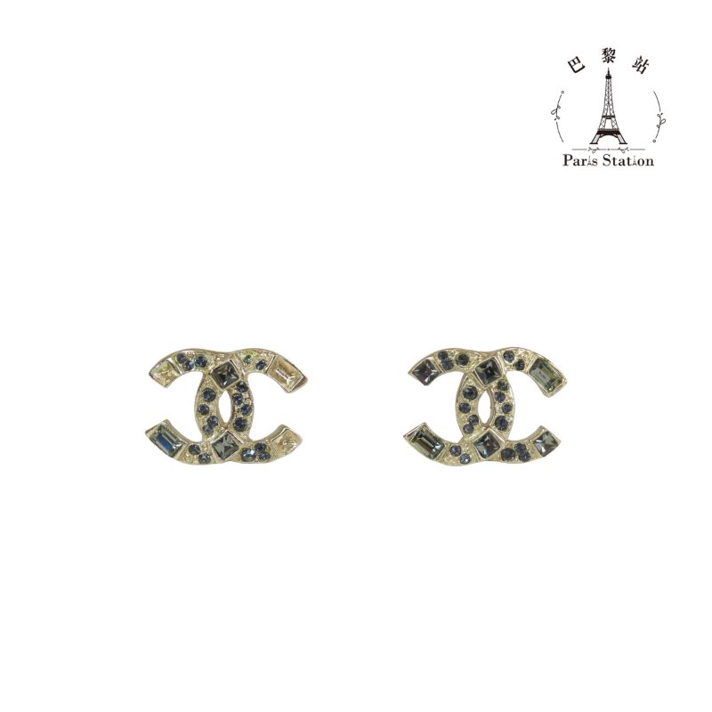 【巴黎站二手名牌專賣店】＊現貨＊CHANEL 香奈兒 真品＊淡金灰綠彩鑽雙C針式耳環-0