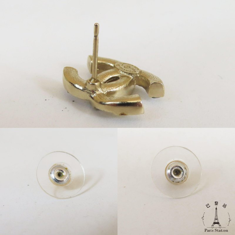 【巴黎站二手名牌專賣店】＊現貨＊CHANEL 香奈兒 真品＊淡金灰綠彩鑽雙C針式耳環-4