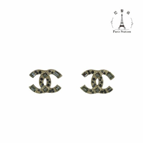 【巴黎站二手名牌專賣店】＊現貨＊CHANEL 香奈兒 真品＊淡金灰綠彩鑽雙C針式耳環