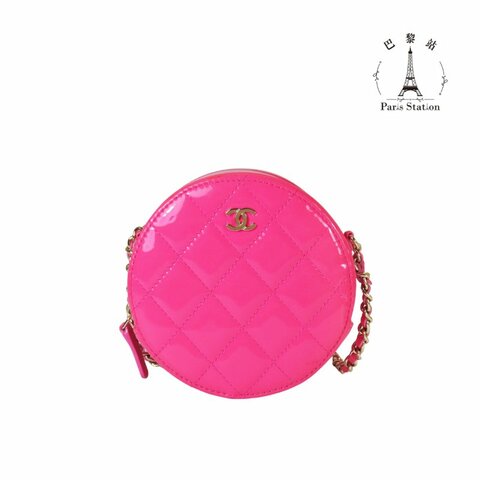【巴黎站二手名牌專賣店】＊現貨＊CHANEL香奈兒真品＊粉色菱格紋亮面漆皮銀雙C MINI圓餅包