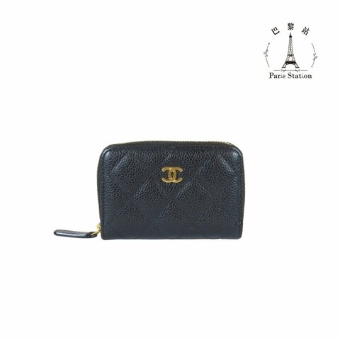 【巴黎站二手名牌專賣】＊現貨＊CHANEL 香奈兒 真品＊黑色菱格紋荔枝牛皮金雙C拉鍊卡夾零錢包
