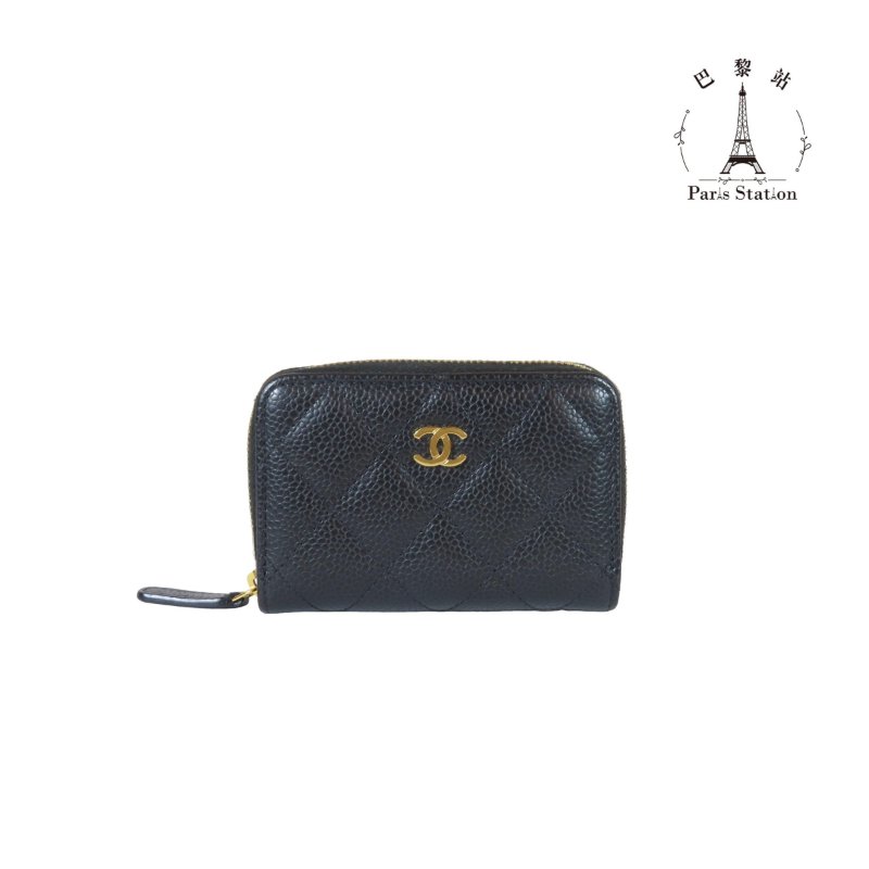 【巴黎站二手名牌專賣】＊現貨＊CHANEL 香奈兒 真品＊黑色菱格紋荔枝牛皮金雙C拉鍊卡夾零錢包-0