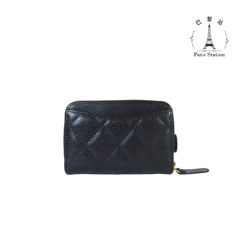 【巴黎站二手名牌專賣】＊現貨＊CHANEL 香奈兒 真品＊黑色菱格紋荔枝牛皮金雙C拉鍊卡夾零錢包-1
