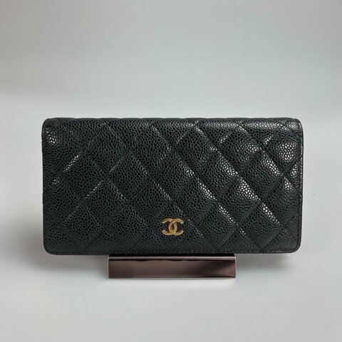 CHANEL CF菱格紋對開長夾 黑金 19開