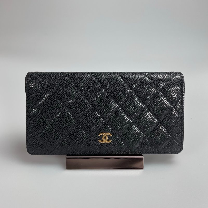 CHANEL CF菱格紋對開長夾 黑金 19開-0