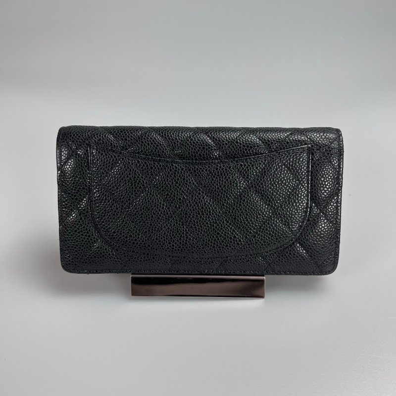 CHANEL CF菱格紋對開長夾 黑金 19開-1