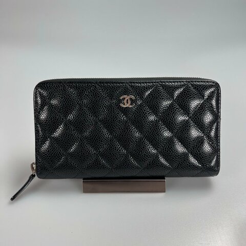 CHANEL 荔枝ㄇ拉長夾 黑銀 23開