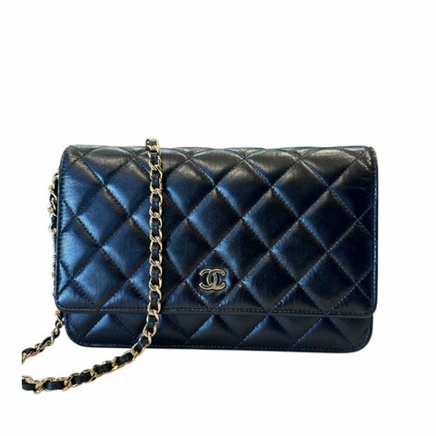 CHANEL黑金羊皮菱格紋WOC鏈包