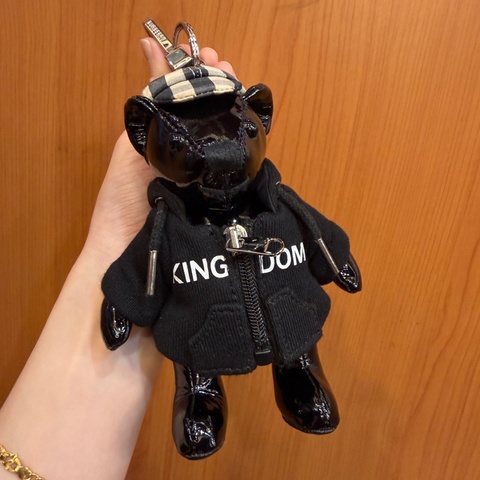 Burberry 黑漆皮經典格紋帽泰迪熊鑰匙圈吊飾