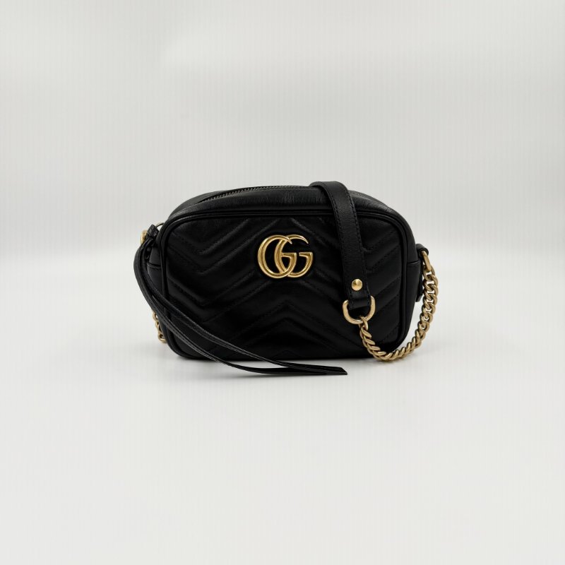 GUCCI - 黑色牛皮金釦GG Marmont 18cm相機包-0
