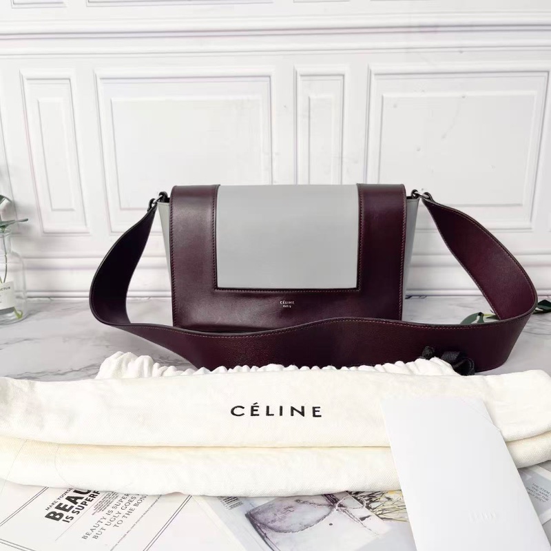 Celine frame巧克力拼藍灰色翻蓋肩背斜背豆腐包25×15×10 98新配件塵袋-1