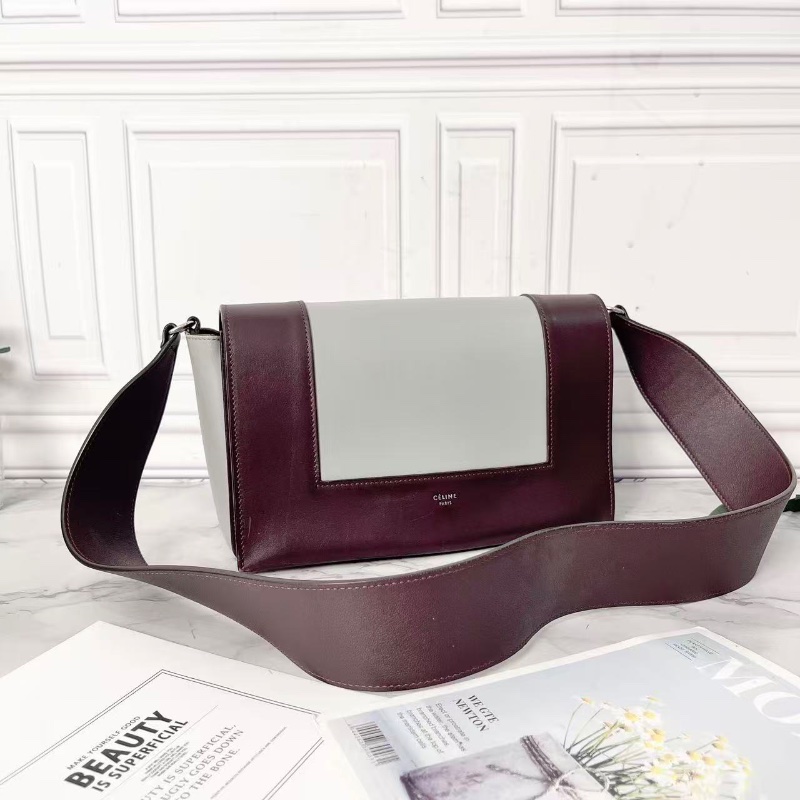 Celine frame巧克力拼藍灰色翻蓋肩背斜背豆腐包25×15×10 98新配件塵袋-2