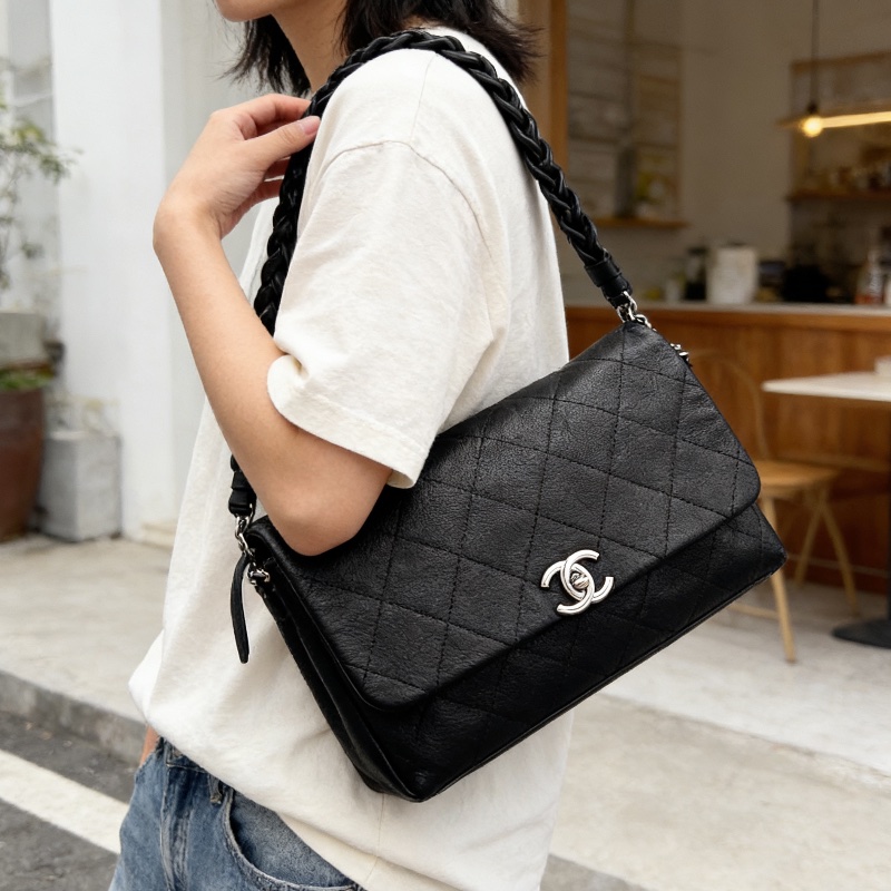 CHANEL 黑銀麻花CF手提肩背包29*18*10 98新配件塵袋-0